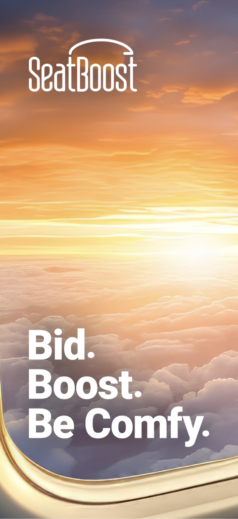 SeatBoost logo and Bid Boost Be Comfy tagline over a golden sunset view from an airplane window.