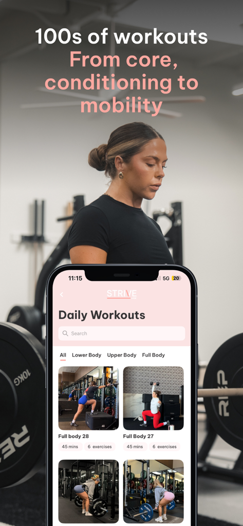 Strive by KKFIT - Strive by KKFITアプリの画面、コアコンディショニングとモビリティのための毎日のワークアウトライブラリを表示