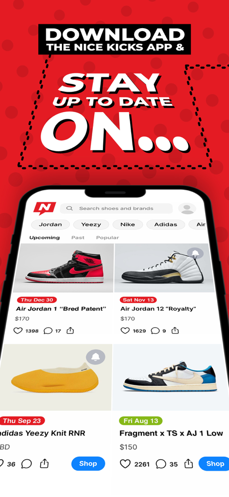 Jordan、Nike、Yeezyなどのブランドの今後のスニーカーリリースが表示されたカレンダーを表示するNice Kicksモバイルアプリのインターフェース