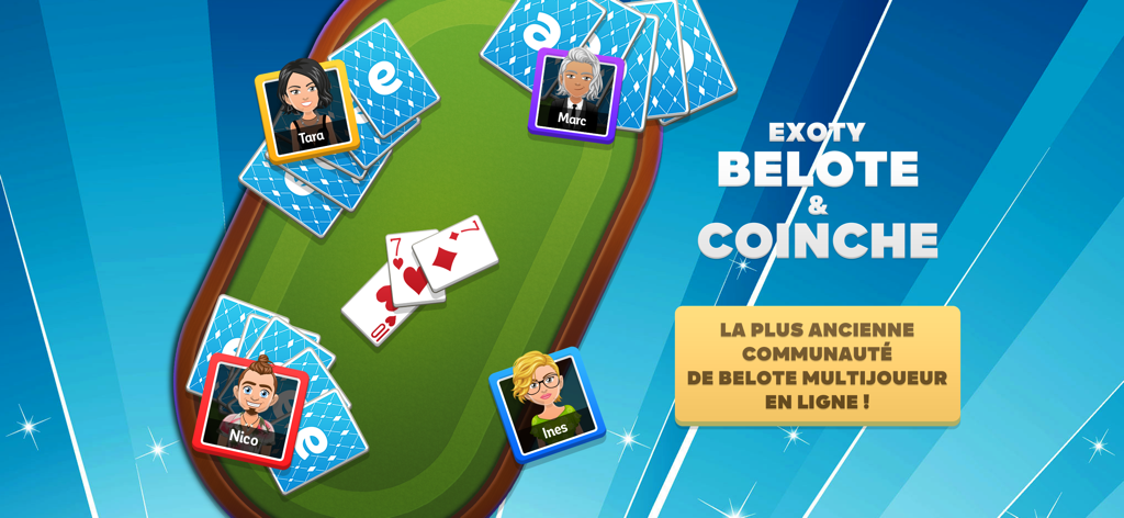Des joueurs s'adonnent à la Belote et à la Coinche sur une table de cartes virtuelle avec des avatars personnalisés.