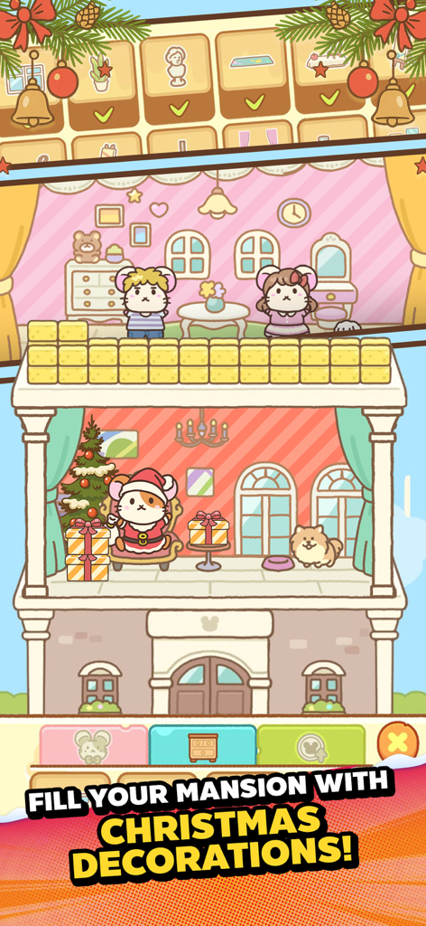 Hamster Jump: Cake Tower! - Uma mansão de hamster de vários níveis decorada para o Natal, com um hamster em fantasia de Papai Noel com uma árvore de Natal e presentes.