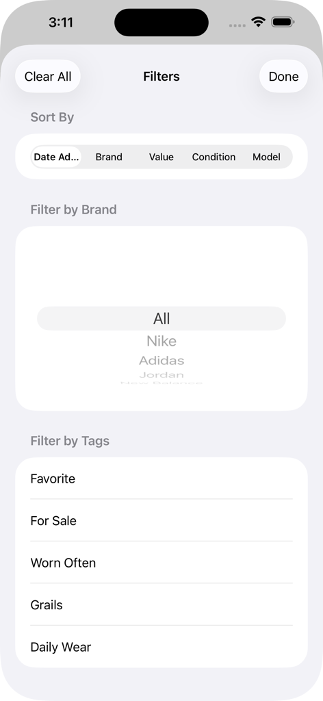 Shoebox - Sneaker Collection - Filter and sort interface in the Shoebox app allowing users to organize their sneakers by brand and custom tags