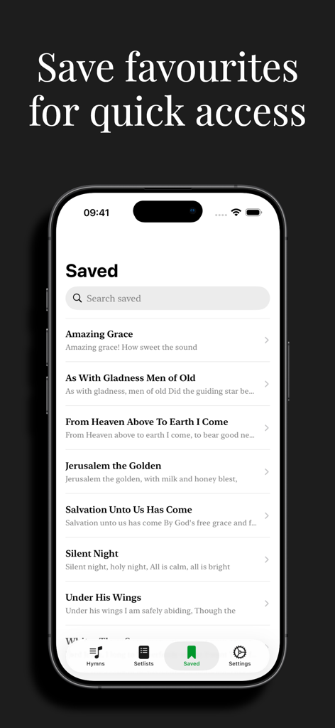 Hymns: Hymn Book - A screen in the Hymns app showing a list of saved favorite hymns including Amazing Grace and Silent Night.