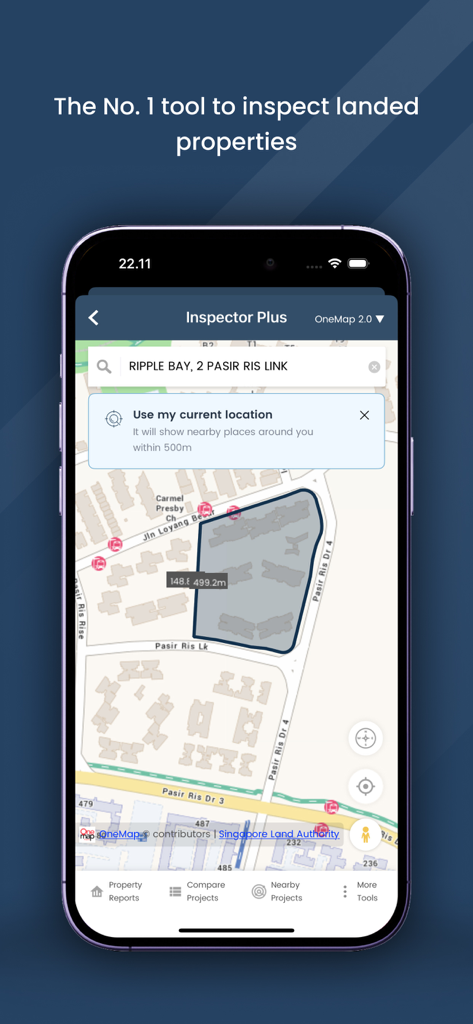 EdgeProp Analytics app Inspector Plus screen showing property boundaries on a map of Singapore