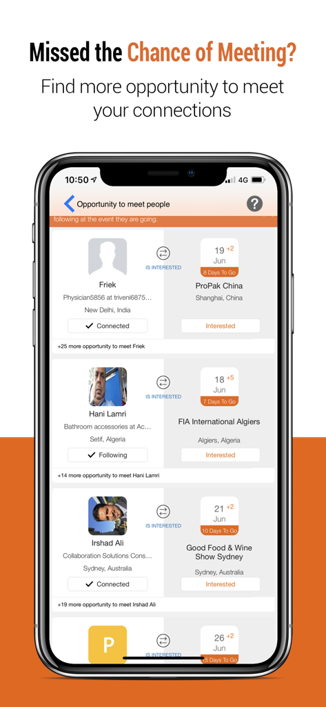 10times - Find Event & Network - 10times app interface showing professional profiles and their interested business events