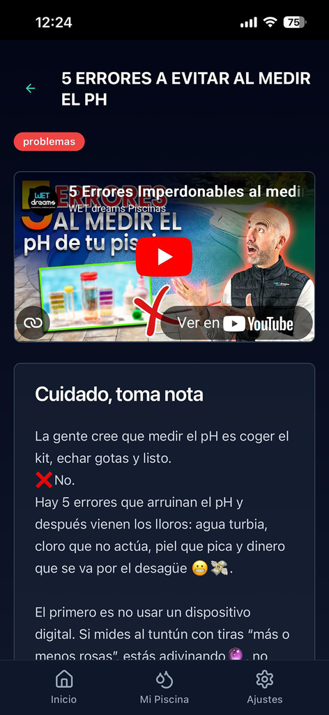 WET app Piscinas - WET app Piscinas educational video screen showing tips for measuring pool pH levels