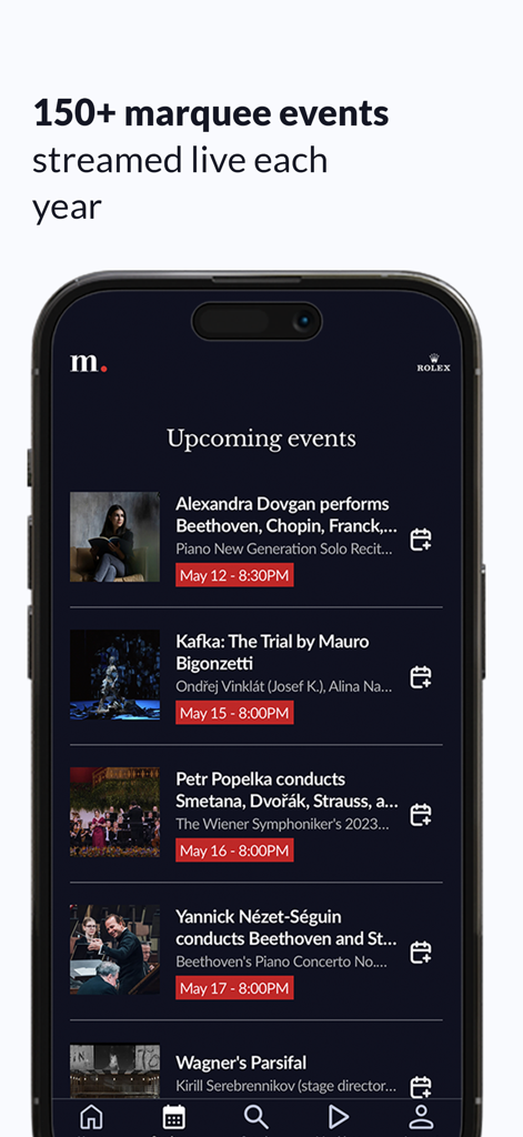 medici.tv: classical music - Medici.tv mobile app screen displaying a list of upcoming live classical music and opera performances