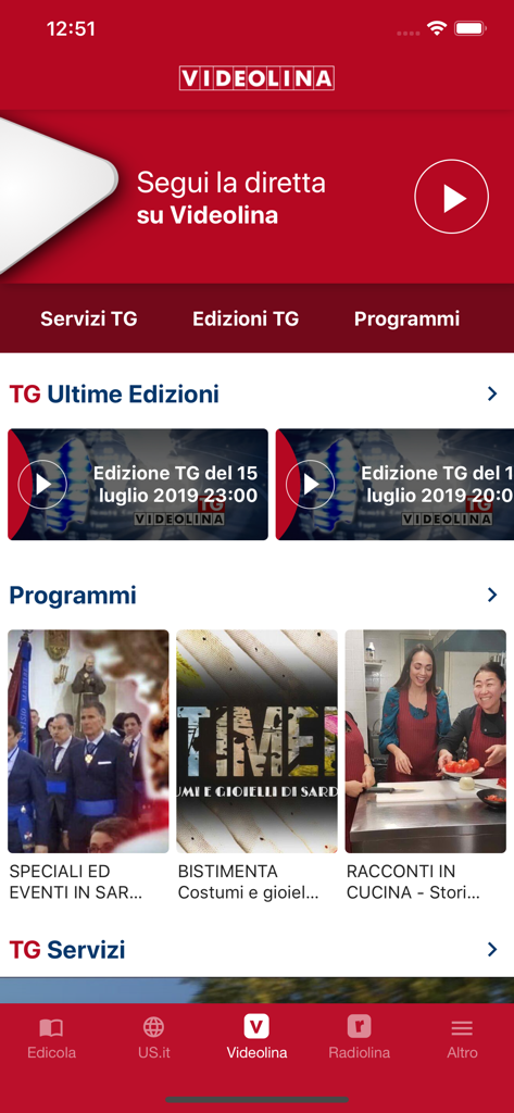 Interfaz de la aplicación L'Unione Digital con noticias y programas en vivo de Videolina