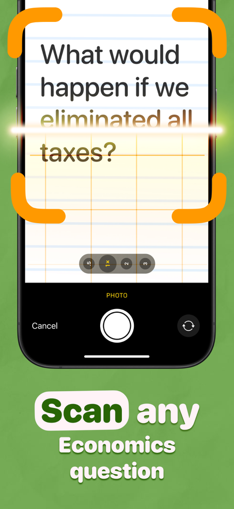 Economics AI - IPhone screen using Economics AI app to scan a textbook question about taxes