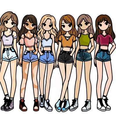 a group of girls wearing crop tops and shorts