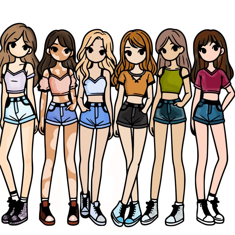 a group of girls wearing crop tops and shorts