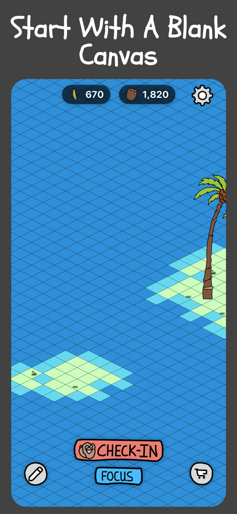 A blue isometric grid landscape in the Monke Habit Game app showing a blank world with a single palm tree and currency counters for bananas and cookies