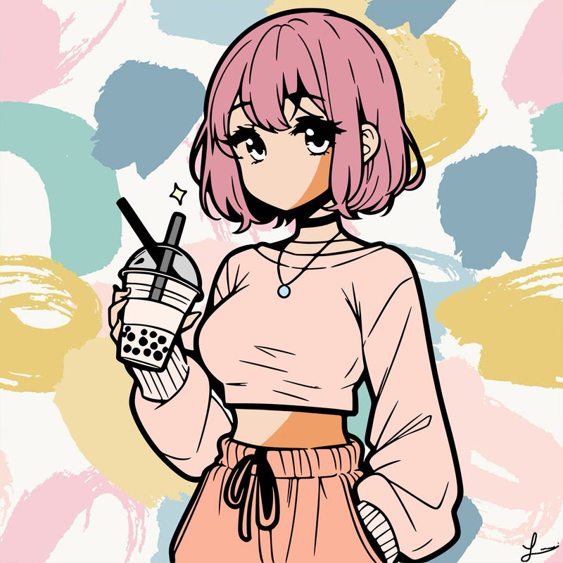 manga girl drinking boba anime wearing a crop top and baggy sweats