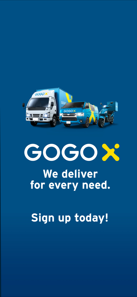 GoGoX(GoGoVan) - 24/7 Delivery - GoGoX App-Werbebildschirm mit einem Lieferwagen und einem Roller