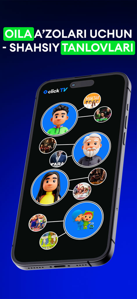 Click TV - Мобильная версия - Click TV app interface showing personalized family profiles and content bubbles