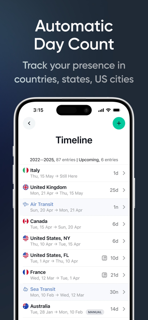 Flamingo – Tax & Visa Tracker - A travel timeline in the Flamingo app displaying automatic day counts for various countries and US states to track tax residency