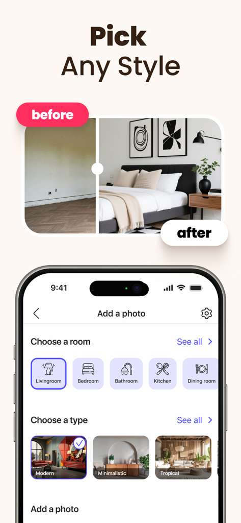 Interfaz de la aplicación Roomify que muestra estilos de diseño de interiores con IA y una transformación de habitación de antes y después