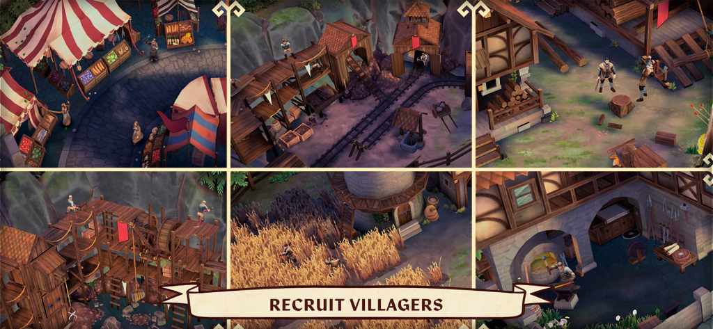 Dawn of Ages: total war battle - Un collage de escenas de gestión de ciudades medievales que muestran un mercado, mina, granja y herrería con el texto Reclutar Aldeanos.