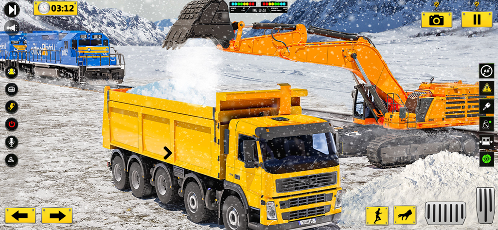 Construction Truck Sim 3D - An orange excavator loading snow into a yellow dump truck in a winter construction simulation game.