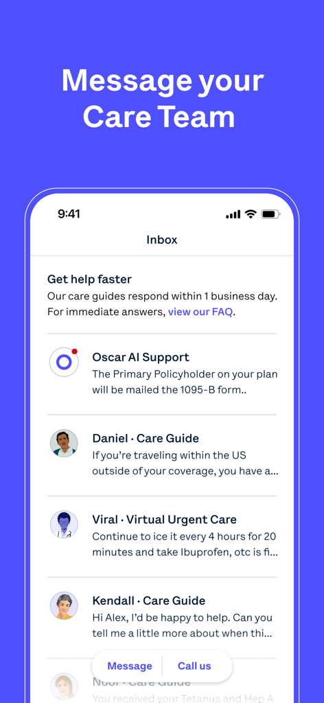 Caixa de entrada do aplicativo Oscar Health mostrando mensagens com suporte de IA e guias de atendimento