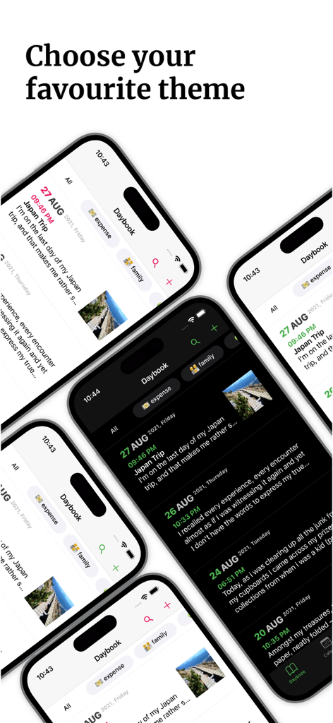 Daybook: AI Journal & Diary - Daybook AI Journal app interface displaying light and dark mode themes