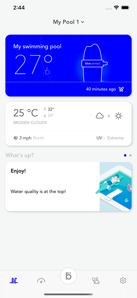 Blueriiot - Blue Connect - Blueriiot Blue Connect App-Dashboard mit Anzeige der Poolwassertemperatur und Wetterbedingungen
