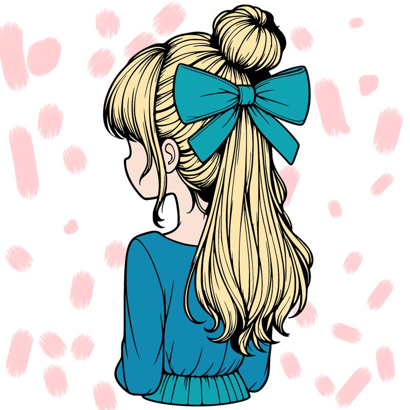 realistic girl  with hip length hair a bun and a big bow on the back of head