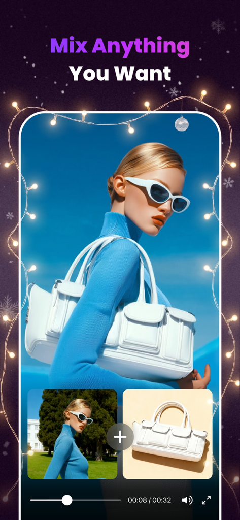 Interfaz de la aplicación Clipfly que muestra cómo mezclar la imagen de un modelo y la foto de un bolso en un vídeo generado por IA