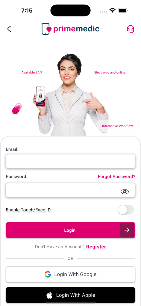 Prime Medic - Online Clinic - Login screen for the Prime Medic online clinic app featuring a female doctor and options for email, Google, or Apple sign-in.