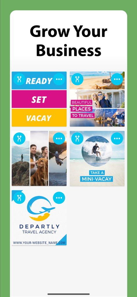Marketing Video Maker app interface displaying various travel-themed advertisement templates