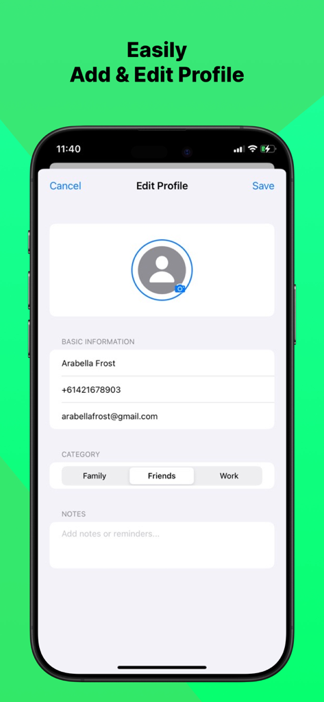 WhatsChat Pro - Pantalla de edición de perfil en la aplicación WhatsChat Pro que muestra detalles de contacto selección de categoría y sección de notas