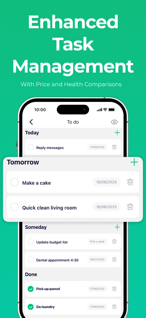 WiseList mobile app screenshot showing an organized to-do list with sections for today and tomorrow