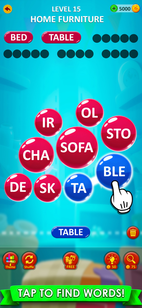 Word Game 2026: Word Connect - Word Connect game interface showing a user connecting word bubbles to solve a home furniture puzzle.