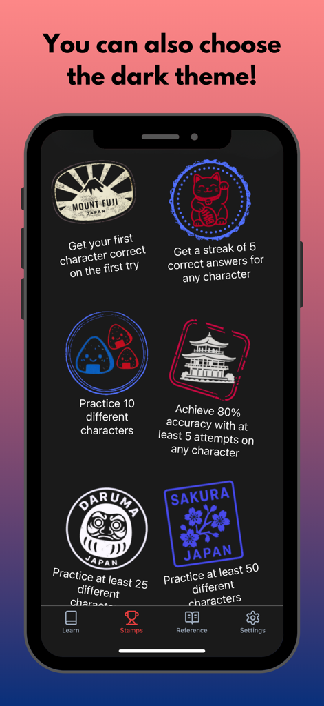 KanaDojo: Hiragana & Katakana - KanaDojo app interface in dark mode showing Japanese-themed achievement stamps for learning progress.
