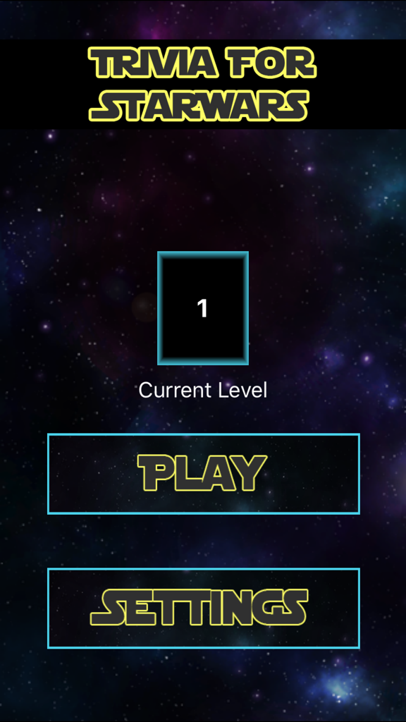 Main menu of the Star Wars trivia game showing play and settings buttons on a space background