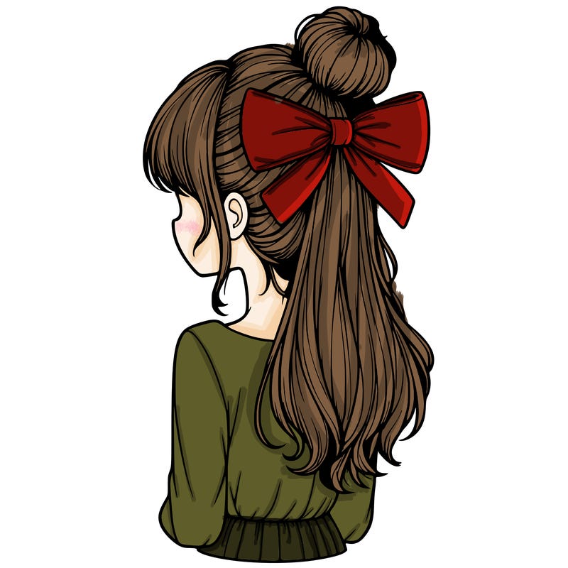 realistic girl  with hip length hair a bun and a big bow on the back of head