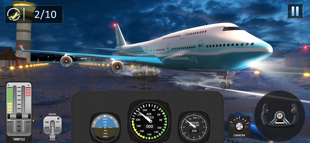 Plane Simulator: Plane Games - A large passenger airplane on a rainy runway at night with cockpit controls