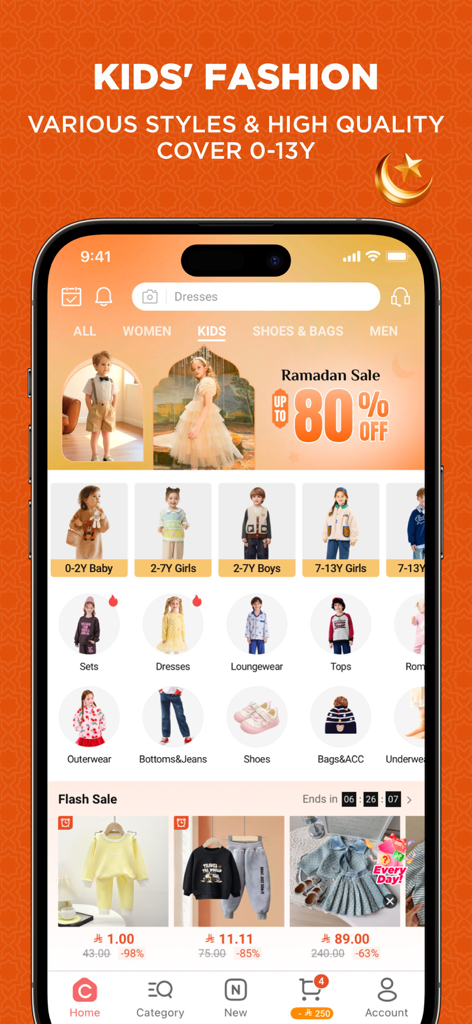 Chicpoint - Fashion shopping - Pantalla móvil de la aplicación ChicPoint que muestra la categoría de moda infantil con rebajas de Ramadan y secciones de ropa para niños