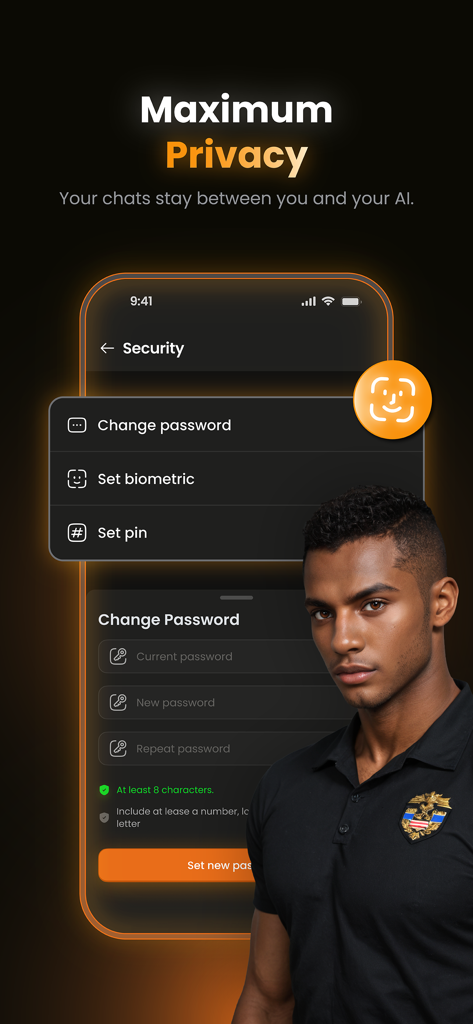 Foxy: 18+ AI Characters & Chat - Foxy AI app security interface showing password and biometric protection for private chats