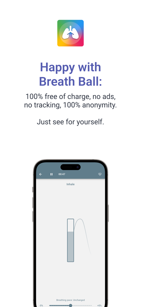 Breath Ball: Breathing & HRV - Captura de pantalla de la aplicación Breath Ball que muestra funciones de privacidad y la interfaz de ejercicio de inhalación en un teléfono inteligente.