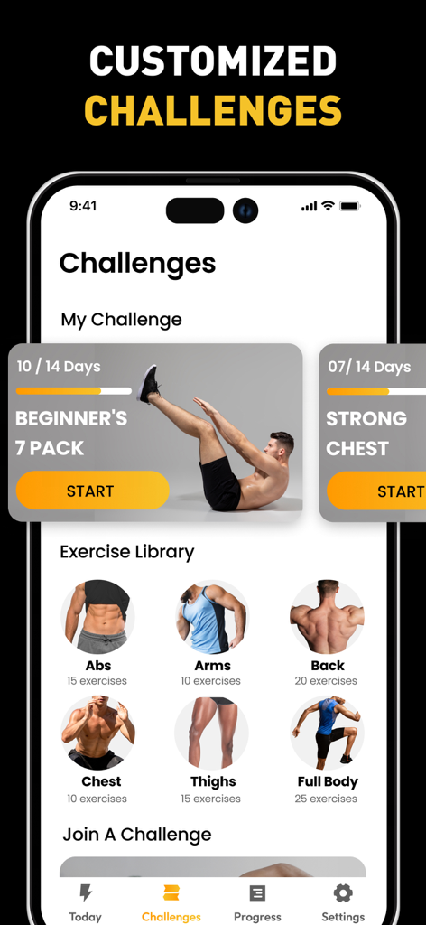 Screenshot dell'app Muscle Builder che mostra sfide di allenamento personalizzate e categorie di esercizi per gruppi muscolari.