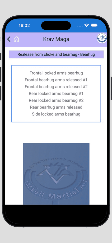 Krav Maga All - List of bearhug release techniques in the Krav Maga All app interface.