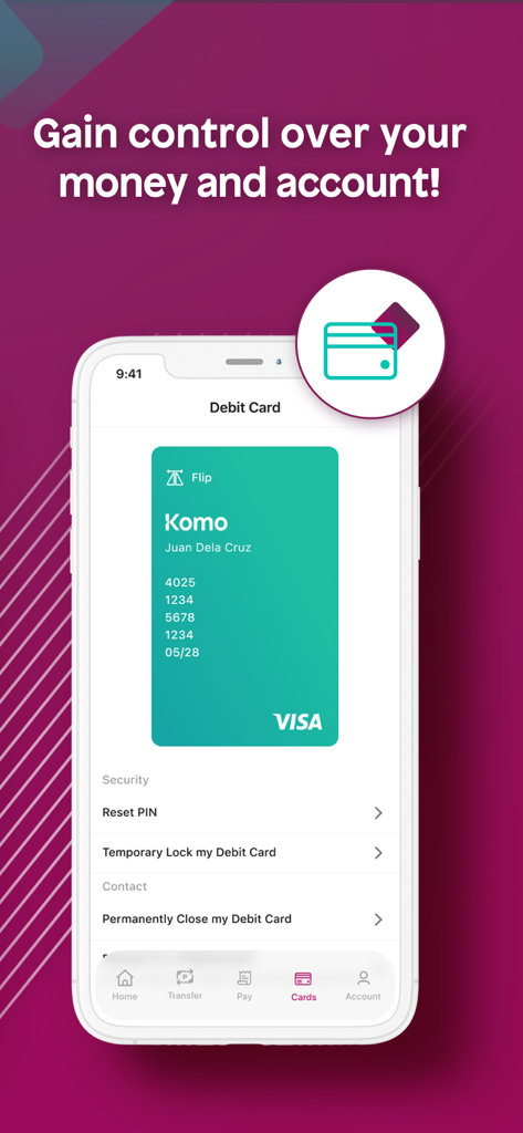 Komo by EastWest - Captura de pantalla de la aplicación móvil Komo by EastWest que muestra el control y las opciones de seguridad de la tarjeta de débito.