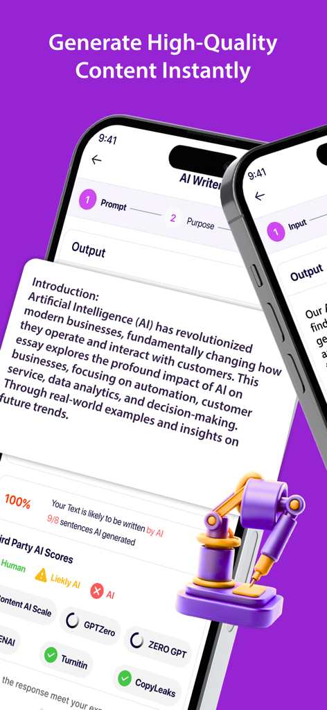 AI Humanizer - MyWordsAi - MyWordsAi app interface displaying the AI Writer and AI Detector results for an essay about artificial intelligence.