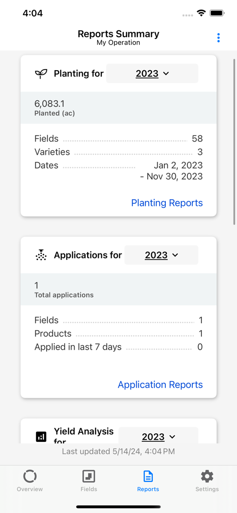 Climate FieldView™ - Un resumen de los informes de siembra y aplicación en la aplicación móvil Climate FieldView.