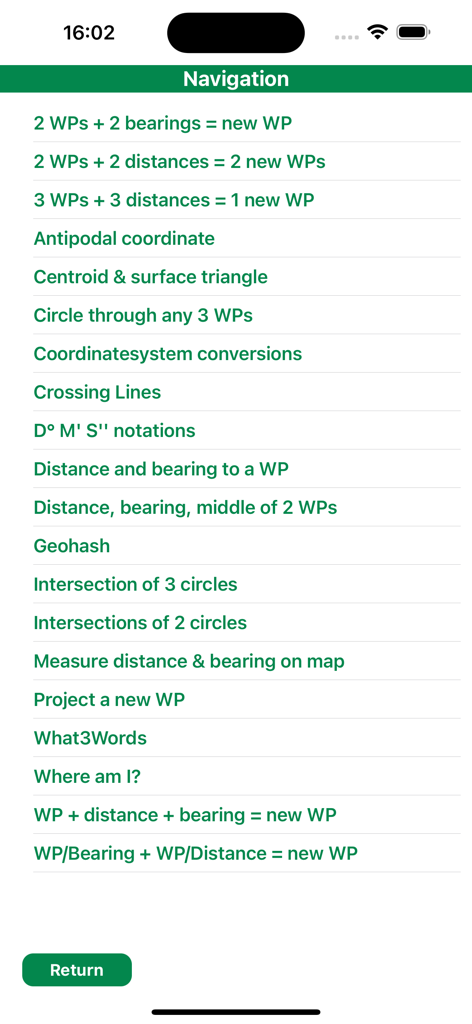 Navigation and coordinate calculation tools menu in the Geocaching GCTK app