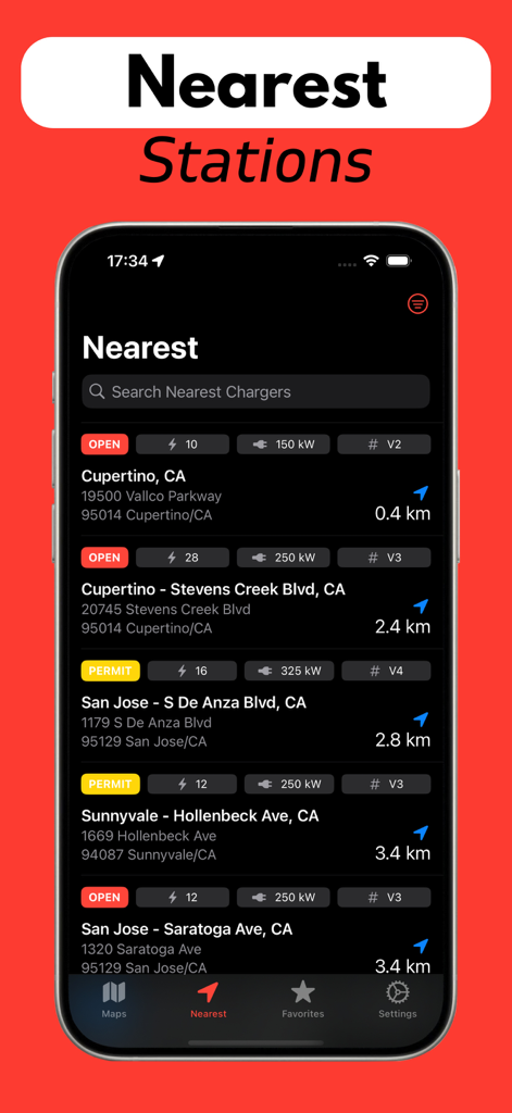 Liste der nächstgelegenen Tesla Supercharger-Stationen mit Strom- und Ladesäulendetails in der Elektr-App