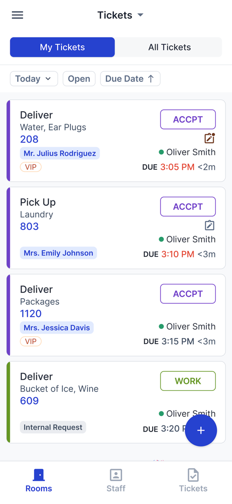 Alice by Actabl - Alice by Actabl mobile app interface displaying a list of hospitality service tickets and guest requests