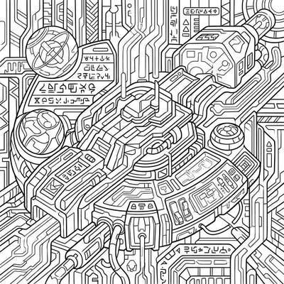 Dive into a universe of intricate circuits and enigmatic symbols with this advanced alien technology coloring page, specifically crafted to challenge and engage teen artists. Unleash your creativity as you bring to life a complex network of futuristic devices.