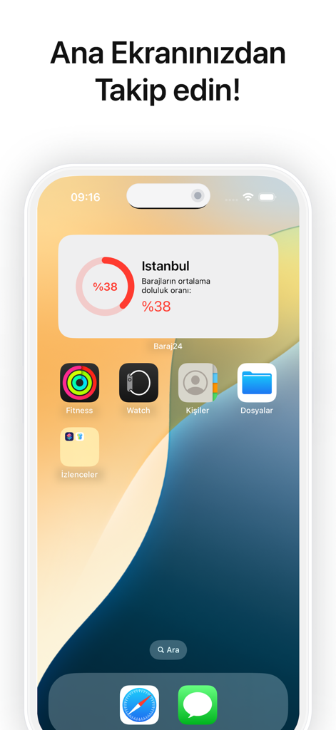 iOS home screen showing a widget with Istanbul dam water occupancy rates at 38 percent